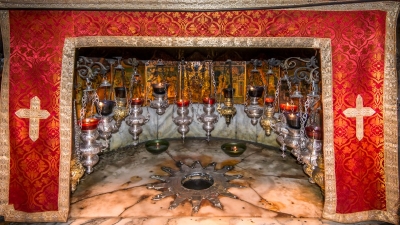 The silver star marking the birthplace of Jesus in the Grotto of the Nativity, Bethlehem